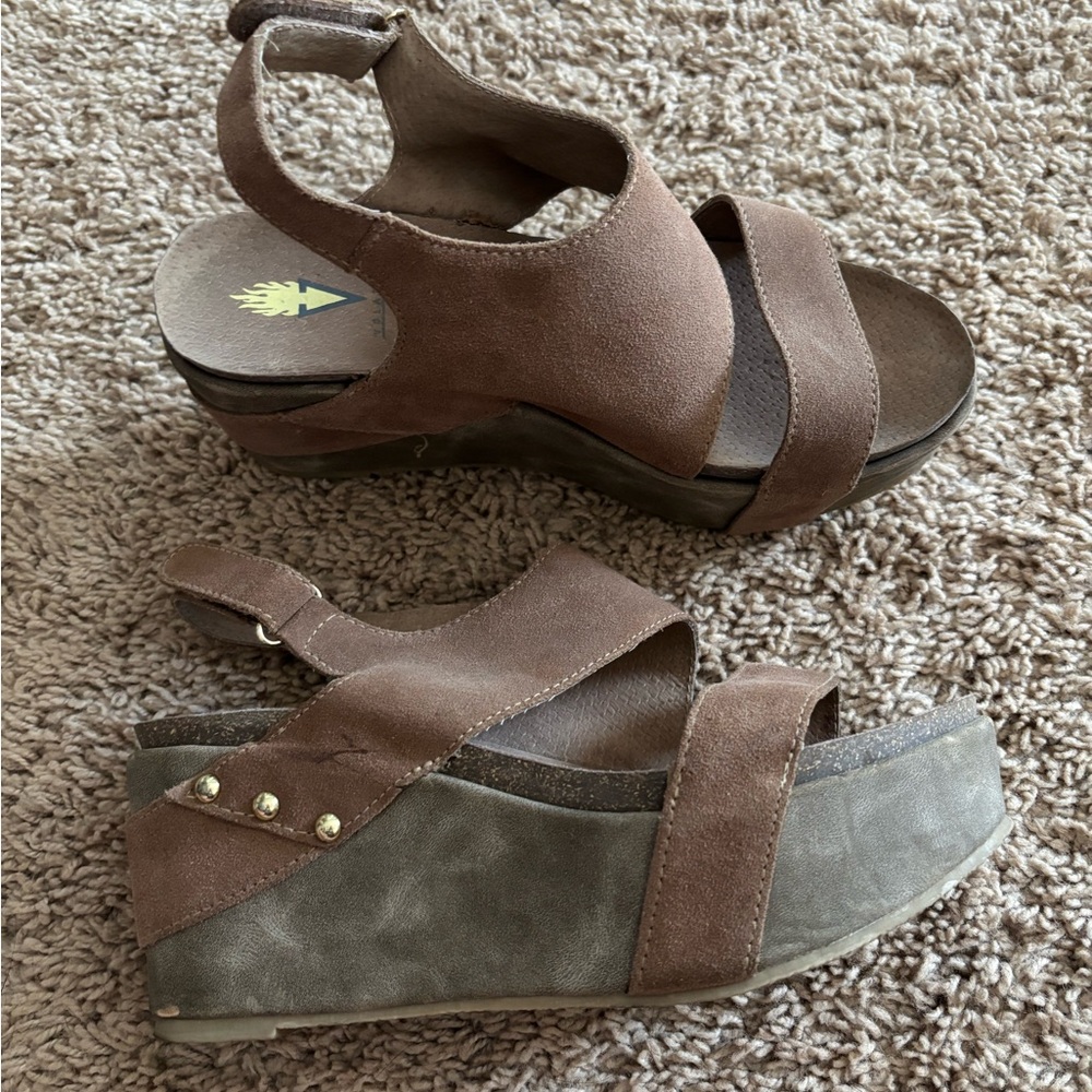 Volatile Tan and Gray Wedge Sandals